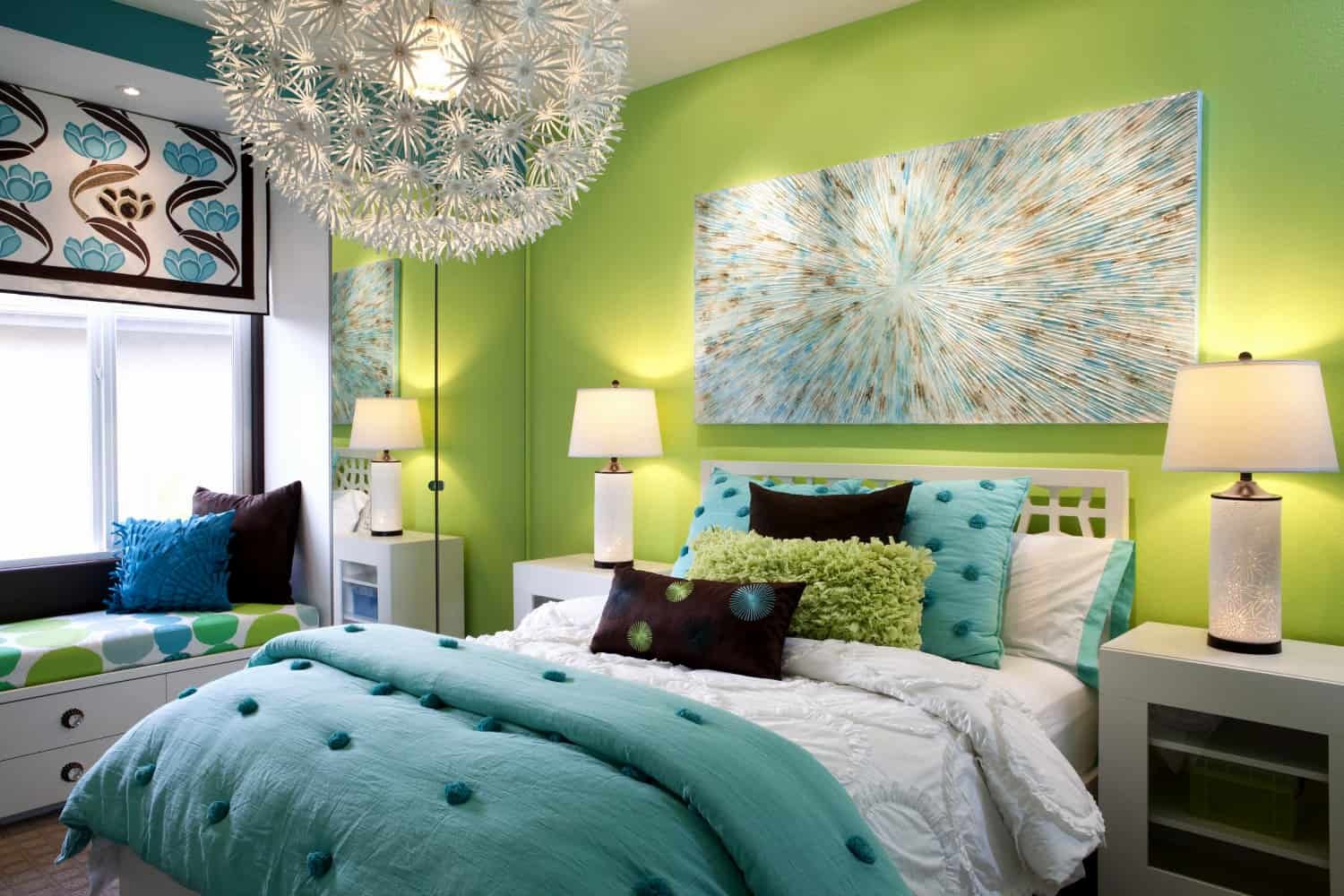 Dormitorio verde y azul