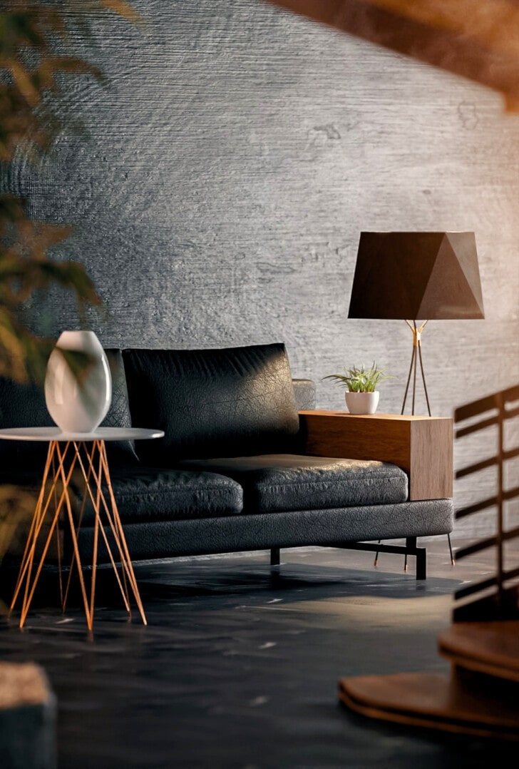 Interior de sala moderna, sofá de cuero, suelo y paredes color negro